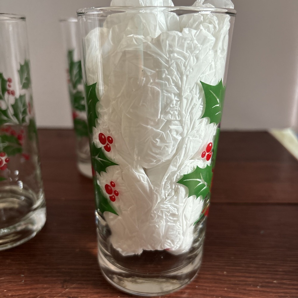 VTG‎ Bartlett Collins Christmas Holly Berry 12oz Glass Tumblers 5 1/2"H Set Of 6 - Picture 8 of 8